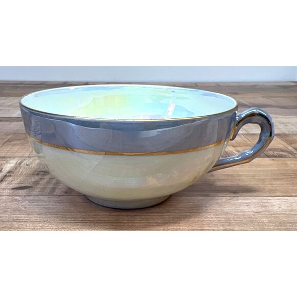 Vintage German Lusterware Porcelain Teacup With Gold Rim & Blue Handle - Picture 1 of 3